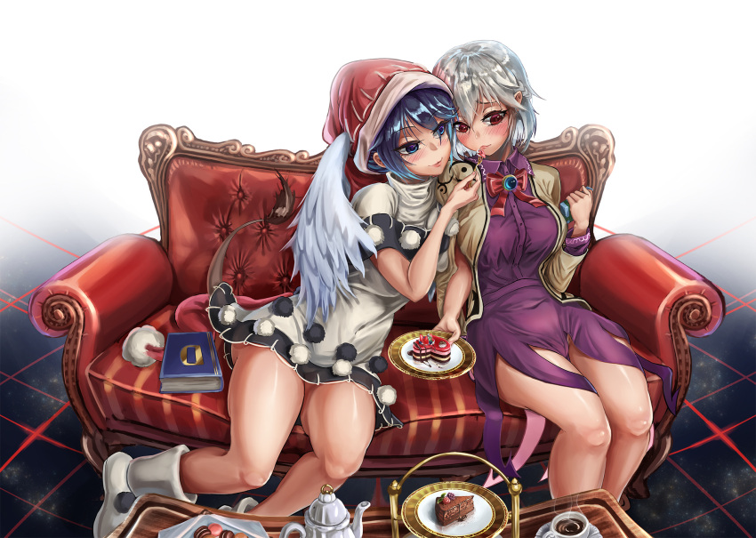 2girls angel_wings bangs bare_arms bare_legs blue_eyes blue_hair blush boots bow bowtie braid brooch buttons cake closed_mouth collared_shirt couch covered_navel cup doremy_sweet dress eyebrows_visible_through_hair feeding feet_out_of_frame fisheye food fork french_braid furrowed_eyebrows hair_between_eyes hand_up haruno_(kuromitugozen) hat highres holding holding_fork holding_plate hug jacket jewelry kishin_sagume leaning_to_the_side locked_arms long_sleeves looking_at_another looking_down medium_skirt multicolored multicolored_clothes multicolored_dress multiple_girls nightcap on_couch open_clothes open_jacket plate pom_pom_(clothes) purple_shirt purple_skirt red_eyes red_hat saucer shiny shiny_hair shirt short_dress short_sleeves sidelocks silver_hair single_wing sitting skirt smile table tail tapir_tail teapot touhou white_wings wing_collar wing_hug wings