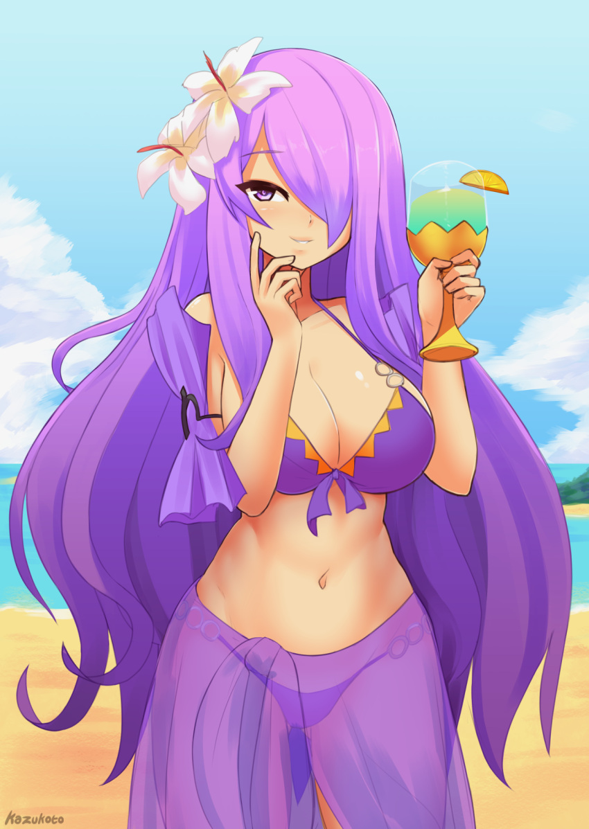 1girl artist_name beach bikini blue_sky breasts camilla_(fire_emblem_if) cleavage clouds cup day drinking_glass fire_emblem fire_emblem_heroes fire_emblem_if flower hair_flower hair_ornament hair_over_one_eye highres holding holding_cup kazu-koto large_breasts long_hair nintendo outdoors purple_bikini purple_hair see-through sky solo swimsuit violet_eyes water