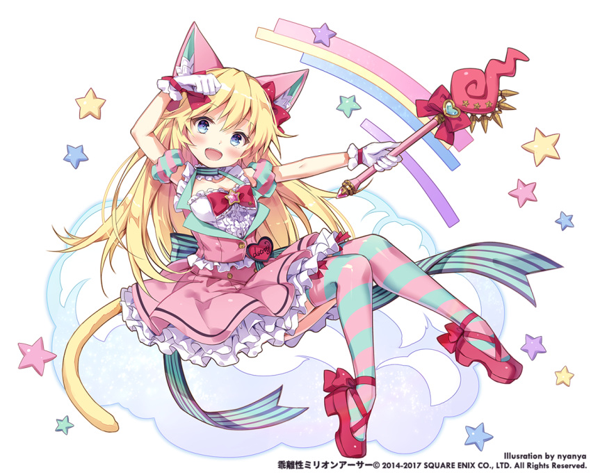 1girl :d animal_ears artist_name blonde_hair blue_eyes blue_legwear bow breasts cat_ears cat_tail cleavage detached_sleeves dress fang frills full_body hair_bow hand_up heart holding holding_wand invisible_chair kai-ri-sei_million_arthur long_hair looking_at_viewer million_arthur_(series) nyanya official_art open_mouth paw_pose pink_dress pink_legwear puffy_short_sleeves puffy_sleeves red_bow red_footwear short_sleeves simple_background sitting small_breasts smile solo star striped striped_legwear tail thigh-highs very_long_hair wand watermark