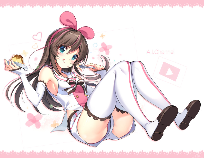 1girl :q a.i._channel absurdres armpits ass bare_shoulders blue_eyes blush boots brown_hair brown_neckwear buttons closed_mouth collared_shirt commentary cream cream_on_face detached_sleeves food food_on_face full_body hairband head_tilt highres holding holding_plate holding_spoon kizuna_ai lace_trim long_hair long_sleeves looking_at_viewer multicolored_hair neck_ribbon pink_hair pink_hairband plate pudding ribbon shirt short_shorts shorts sleeves_past_wrists solo spoon streaked_hair thigh-highs thigh_boots tongue tongue_out virtual_youtuber white_footwear white_shirt white_shorts yadamon_(neverland)