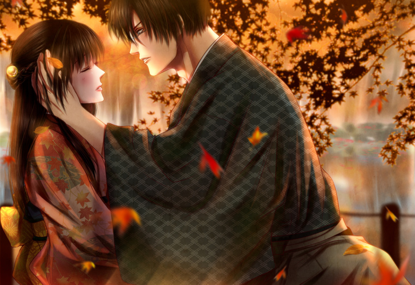 1boy 1girl autumn autumn_leaves black_hair blurry blurry_background blush braid brown_hair closed_eyes dating glasses hair_ornament hand_in_another's_hair hetero highres izumi_(stardustalone) japanese_clothes kimono leaf leaf_print long_hair looking_at_another maple_leaf original outdoors parted_lips pond profile renri_no_chigiri_wo_kimi_to_shiru wide_sleeves