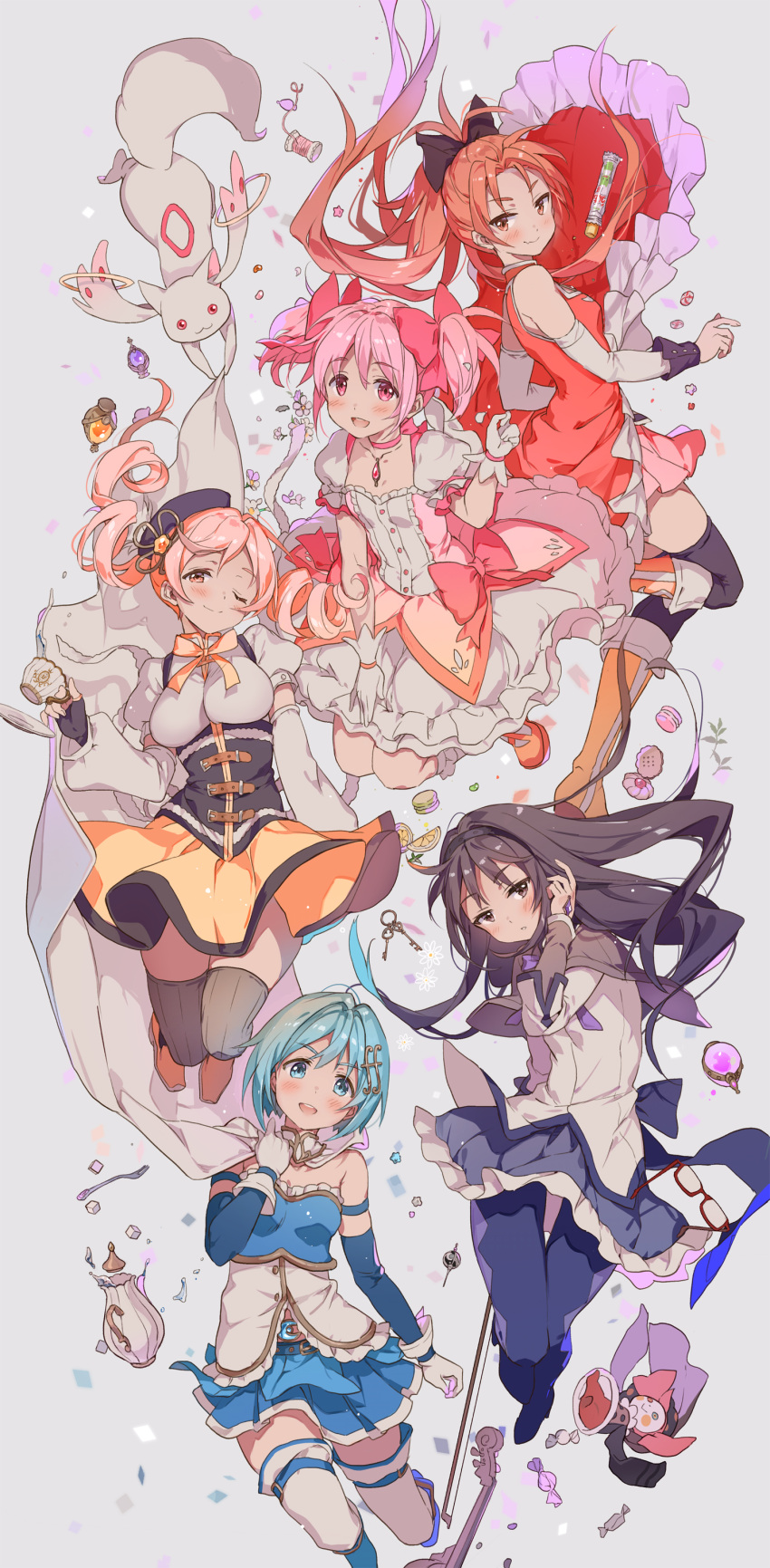 5girls :d ;) absurdres akemi_homura argyle argyle_legwear beret black_eyes black_gloves black_hair black_hairband black_ribbon blonde_hair blue_eyes blue_hair blue_skirt blush boots bow_(instrument) breasts bubble_skirt candy cape charlotte_(madoka_magica) choker commentary_request cookie cup dessert detached_sleeves drill_hair expressionless eyebrows_visible_through_hair eyewear_removed falling feet_out_of_frame fingerless_gloves flat_chest floating floating_hair food fork fortissimo fortissimo_hair_ornament frilled_skirt frills fruit full_body glasses gloves grey_background grief_seed hair_ornament hairband hairclip half-closed_eyes hand_on_own_face happy hat head_tilt highres holding holding_cup hoshii_hisa instrument kaname_madoka key knees_together_feet_apart kyubey lemon lemon_slice long_hair looking_away macaron mahou_shoujo_madoka_magica medium_breasts miki_sayaka multiple_girls music one_eye_closed open_mouth parted_lips pink_eyes pink_hair pink_ribbon puffy_short_sleeves puffy_sleeves purple_legwear purple_ribbon red_eyes redhead ribbon ribbon_choker ribbon_hair sakura_kyouko saucer short_hair short_sleeves short_twintails simple_background single_glove skirt skirt_lift smile soul_gem sugar_cube sweets teacup teapot thigh-highs tomoe_mami twintails upper_teeth violin wavy_mouth white_gloves yellow_eyes yellow_ribbon