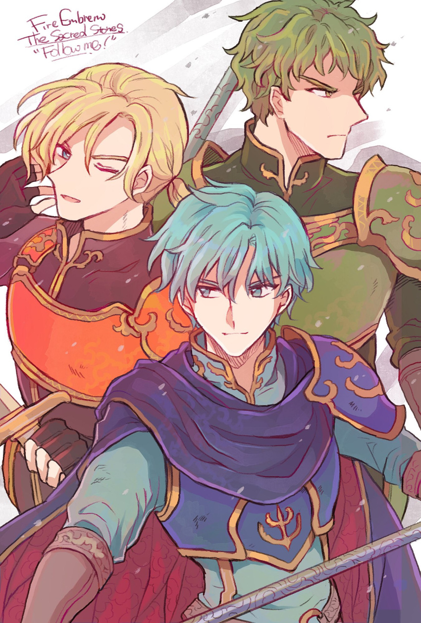 3boys armor blonde_hair blue_eyes blue_hair cape elbow_gloves ephraim fire_emblem fire_emblem:_seima_no_kouseki forde gloves green_eyes green_hair highres holding holding_spear holding_sword holding_weapon kyle_(fire_emblem) looking_at_viewer multiple_boys nintendo one_eye_closed pauldrons polearm smile spear sword wavy_hair weapon