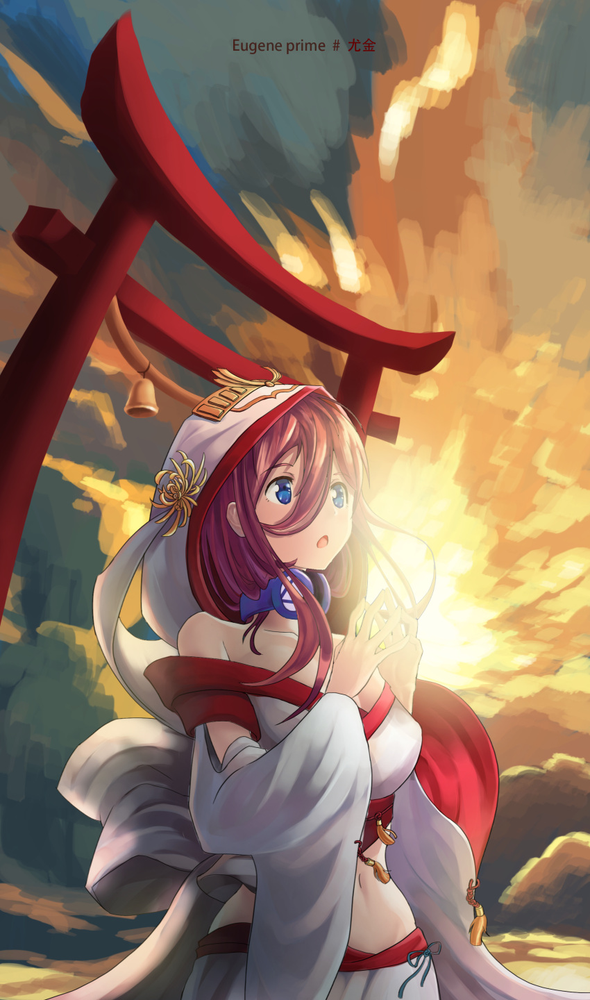 1girl absurdres bare_shoulders bell blue_eyes breasts brown_hair clouds collarbone detached_sleeves dress eugene_prime fingers_together go-toubun_no_hanayome hair_between_eyes headphones headphones_around_neck highres japanese_clothes large_breasts long_hair miko nakano_miku navel open_mouth shrine sky solo stomach sun tassel torii white_dress white_hood