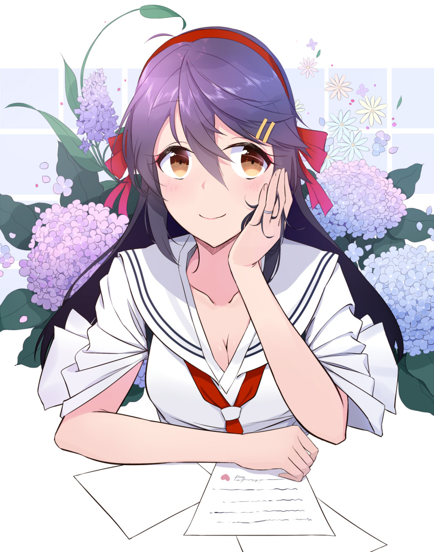 1girl alternate_costume black_hair breasts brown_eyes cleavage collarbone eyebrows_visible_through_hair flower hair_between_eyes hairband hand_on_own_cheek haruna_(kantai_collection) highres ieufg jewelry kantai_collection large_breasts letter long_hair looking_to_the_side neckerchief red_hairband red_neckwear ring school_uniform serafuku short_sleeves smile solo wedding_band