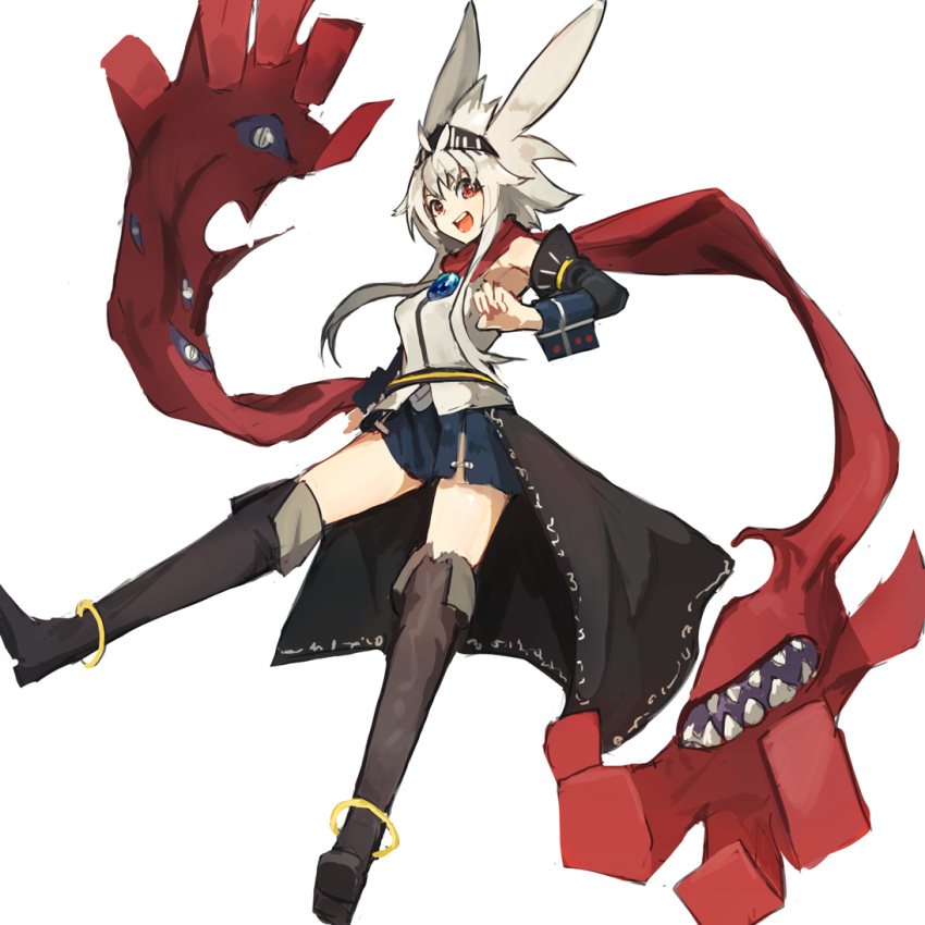 1girl animal_ears armpit_peek bangs black_footwear blue_skirt boots commentary_request detached_sleeves dress extra_eyes full_body hairband knee_boots lansane legs_apart long_hair looking_at_viewer pleated_skirt rabbit_ears red_eyes red_scarf scarf simple_background skirt smile solo vest white_background white_hair white_vest