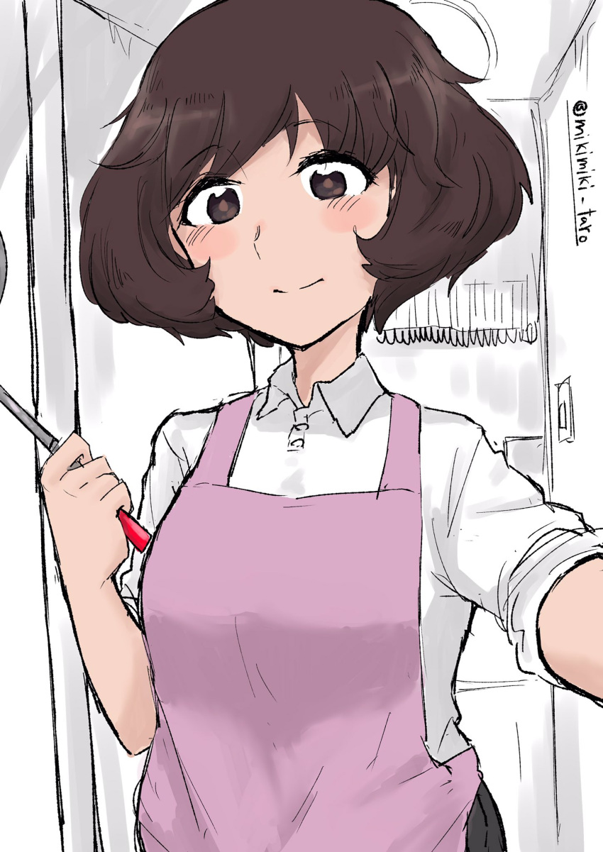 1girl akiyama_yukari apron bangs blush brown_eyes brown_hair girls_und_panzer highres ladle looking_at_viewer messy_hair mikimiki_taro older shirt short_hair smile solo twitter_username