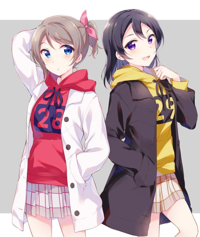 2girls :d alternate_hairstyle arm_up bangs black_coat black_hair blue_eyes blush clenched_hand clothes_writing cousins drawstring grey_background grey_hair hair_ribbon hand_in_pocket hand_up hazuki_(sutasuta) highres hood hood_down hoodie long_hair long_sleeves love_live! love_live!_sunshine!! love_live!_sunshine!!_the_school_idol_movie_over_the_rainbow miniskirt multiple_girls open_mouth pink_ribbon plaid plaid_skirt pleated_skirt ponytail red_hoodie ribbon simple_background skirt smile violet_eyes watanabe_tsuki watanabe_you white_coat yellow_hoodie