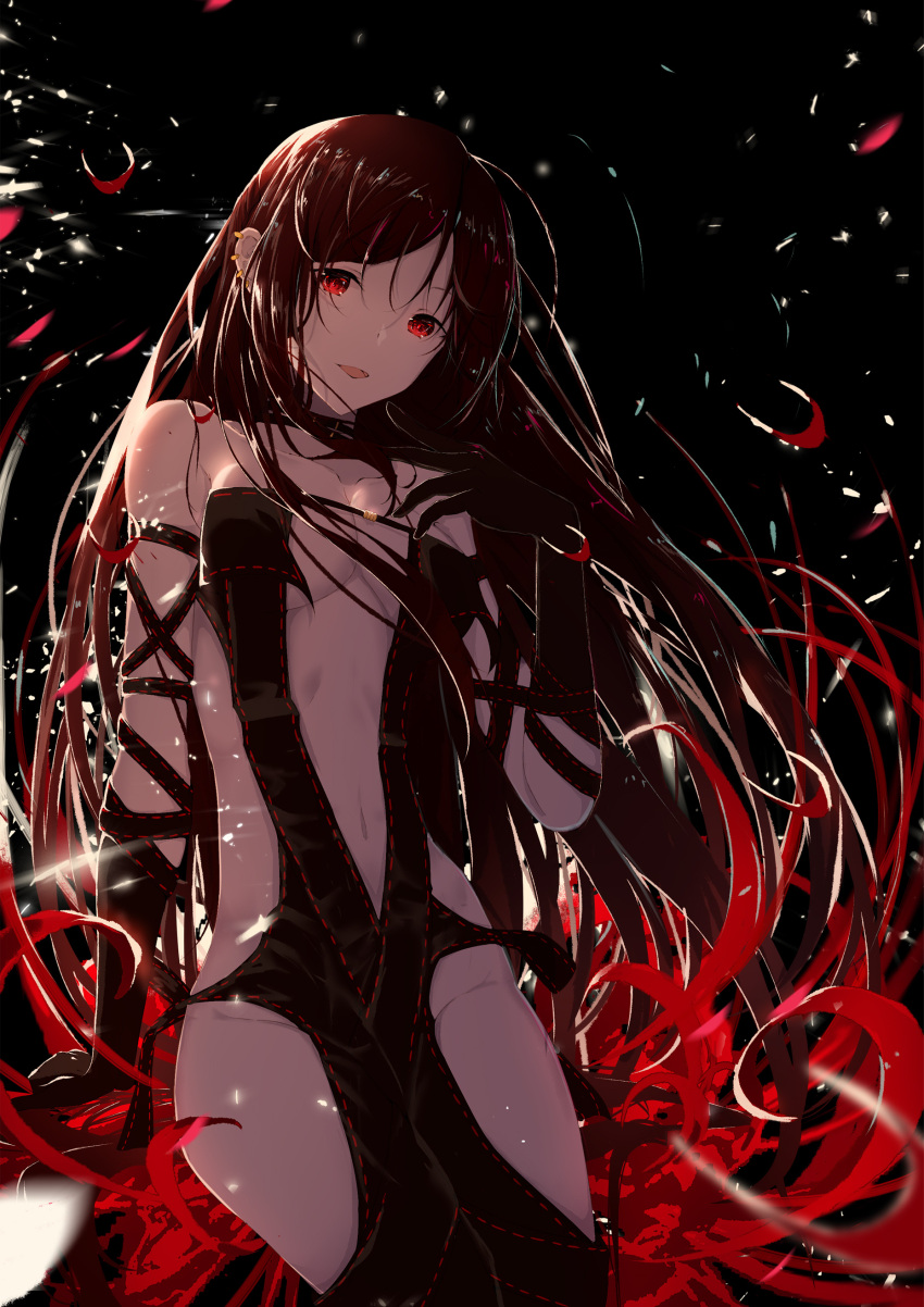 1girl absurdres arm_support bangs bare_shoulders black_background black_dress black_gloves blurry breasts brown_hair center_opening choker consort_yu_(fate) dress ear_piercing eyebrows_visible_through_hair fate/grand_order fate_(series) floating_hair flower gloves groin hair_between_eyes highres long_hair looking_at_viewer navel open_mouth petals piercing re:rin red_eyes sitting solo