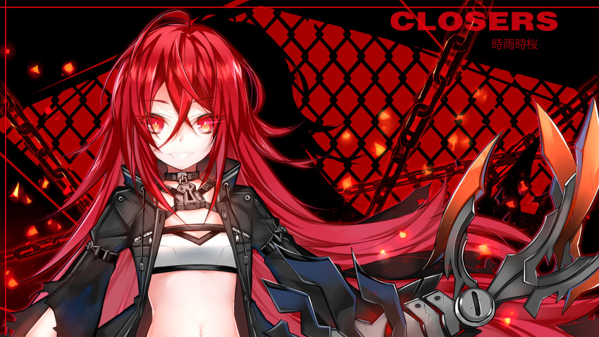 1girl bra chains closers copyright_name eyebrows_visible_through_hair floating_hair grin hair_between_eyes highres long_hair looking_at_viewer midriff navel red_eyes redhead seth_(closers) shadow shiyu_shiying smile solo stomach underwear upper_body very_long_hair white_bra