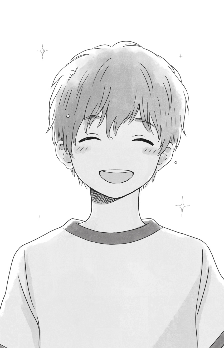 1boy ^_^ absurdres ano_hi_sora_de_suki_wo_mitsuketa backlighting bangs blush character_request closed_eyes closed_eyes dot_nose dripping eyebrows eyebrows_visible_through_hair facing_viewer greyscale happy highres itunohika male_focus monochrome open_mouth round_teeth shirt short_sleeves simple_background smile sparkle teeth upper_body wet wet_hair |d