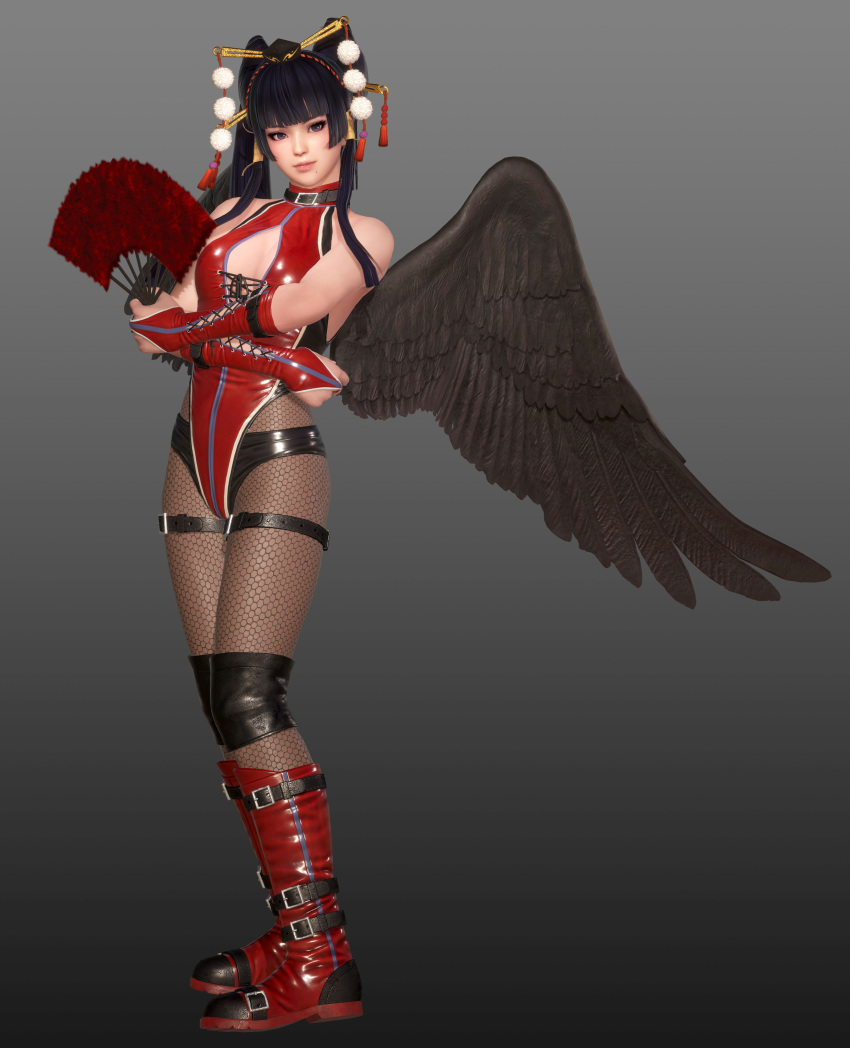 1girl 3d absurdres bangs bare_shoulders black_hair black_wings boots breasts bridal_gauntlets center_opening closed_mouth crossed_arms dead_or_alive dead_or_alive_6 fan feathered_wings fishnet_pantyhose fishnets full_body gradient grey_background hair_ornament hair_stick highres holding leotard lips looking_at_viewer medium_breasts mole mole_under_mouth nyotengu official_art pantyhose red_footwear red_leotard shiny shiny_clothes sleeveless solo standing thigh_strap violet_eyes wings