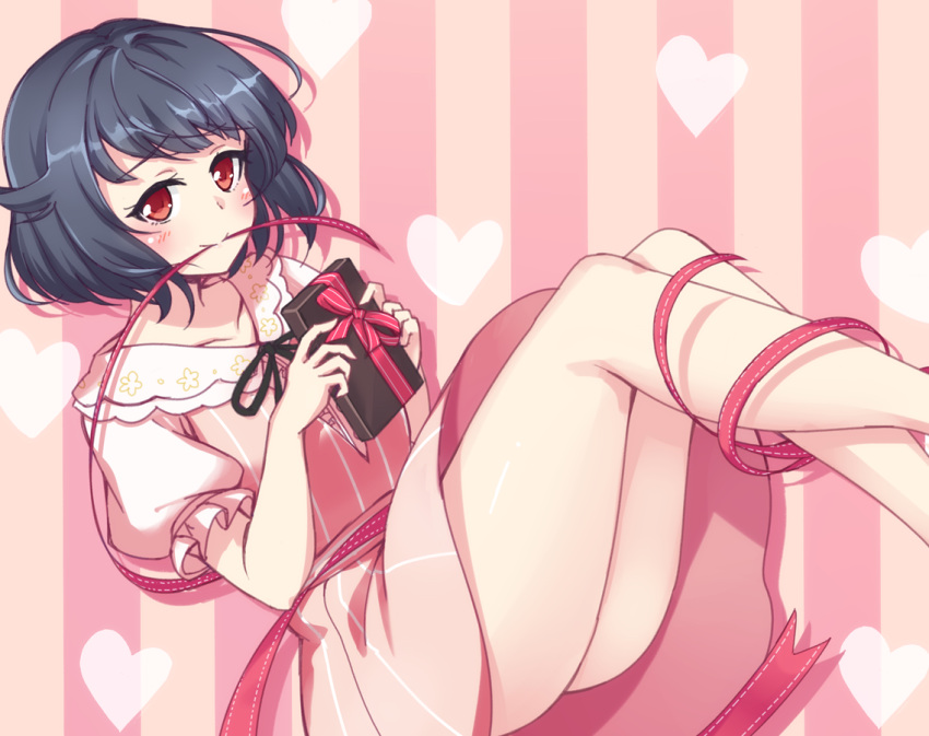 1girl bang_dream! bare_legs black_hair black_neckwear blush box collarbone dress frilled_sleeves frills gift gift_box hair_flaps heart looking_at_viewer mouth_hold neck_ribbon pink_background pink_dress red_eyes red_ribbon ribbon ribbon_in_mouth short_hair short_sleeves solo striped striped_background tamaguu_(lanev0) ushigome_rimi valentine vertical-striped_background vertical-striped_dress vertical_stripes