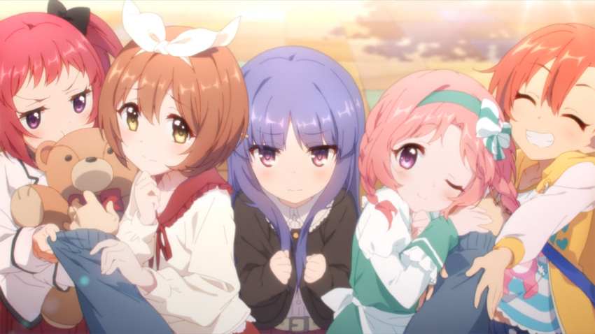 5girls akane_mimi belt blush braid brown_hair casual closed_eyes collarbone grin hair_ornament hair_ribbon hairclip headband highres hikawa_kyoka hodaka_misogi hojo_ayane jacket kuribayashi_kurumi lens_flare long_hair looking_at_viewer multiple_girls official_art one_eye_closed orange_hair pink_hair pout pov pov_hands princess_connect! princess_connect!_re:dive purple_hair redhead ribbon school_uniform short_hair smile sparkle stuffed_animal stuffed_toy tears teddy_bear tucking twin_braids twintails violet_eyes