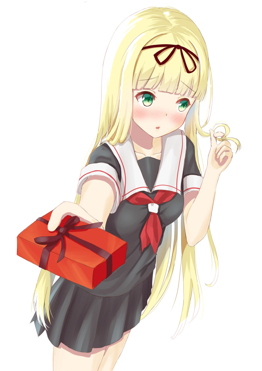 1girl absurdres black_ribbon black_serafuku black_skirt blonde_hair commentary_request cowboy_shot gift green_eyes hair_ribbon highres holding holding_hair kantai_collection long_hair looking_to_the_side neckerchief pleated_skirt pov red_neckwear ribbon school_uniform serafuku simple_background skirt solo standing straight_hair white_background yuudachi_(kantai_collection) zuki