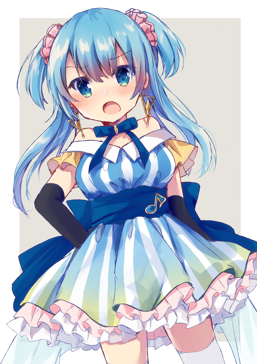 1girl :o asanagi_kurumi_(panda-doufu) bangs black_gloves blue_dress blue_eyes blue_hair blush breasts dress earrings eighth_note elbow_gloves eyebrows_visible_through_hair frilled_dress frills gloves grey_background hair_between_eyes hair_ornament hair_scrunchie highres jewelry long_hair looking_at_viewer magia_record:_mahou_shoujo_madoka_magica_gaiden mahou_shoujo_madoka_magica minami_rena musical_note open_mouth pink_scrunchie scrunchie small_breasts solo striped thigh-highs two-tone_background two_side_up vertical-striped_dress vertical_stripes white_background white_legwear