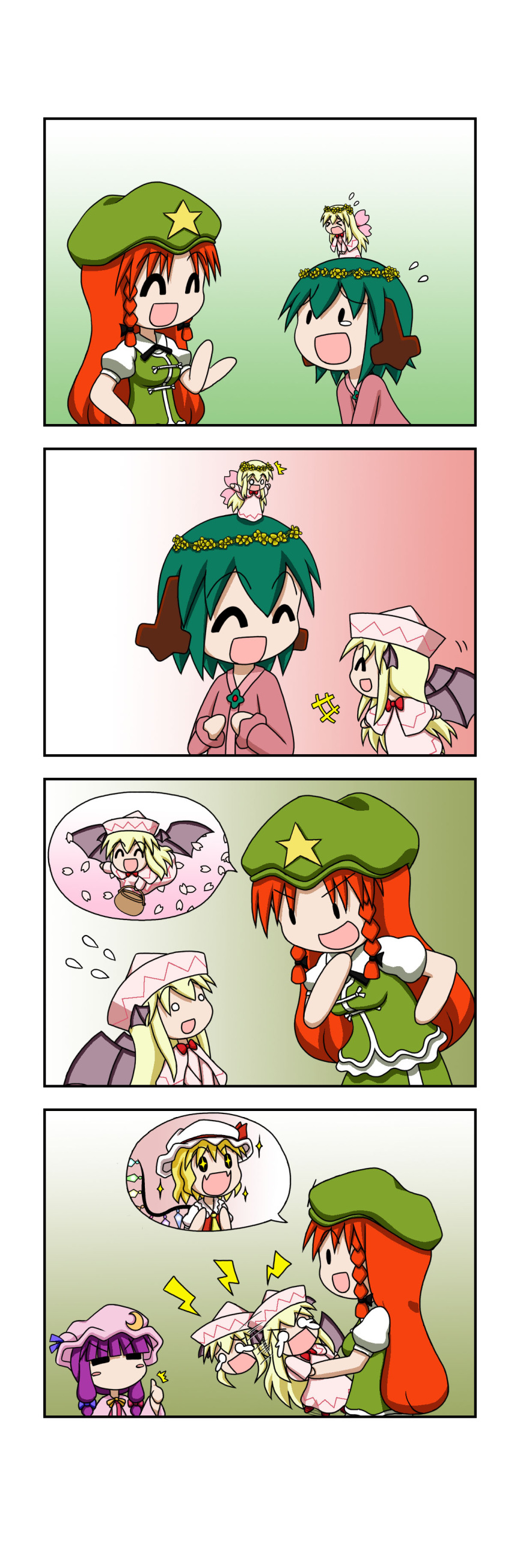 +++ +_+ /\/\/\ 4koma 5girls :d =_= ^_^ absurdres animal_ears bangs basket blonde_hair blunt_bangs bowing braid capelet chibi chinese_clothes closed_eyes comic cosplay crescent crescent_hair_ornament demon_wings double_take dress eyebrows_visible_through_hair fairy_wings fangs flandre_scarlet flat_cap flying flying_sweatdrops green_hair green_skirt green_vest hair_ornament hand_on_own_chin hands_on_own_chest hat head_wings head_wreath highres holding_person hong_meiling kasodani_kyouko koakuma lily_white lily_white_(cosplay) long_hair long_sleeves mob_cap multiple_girls o_o on_head open_mouth patchouli_knowledge person_on_head petals pink_dress puffy_short_sleeves puffy_sleeves purple_hair rakugaki-biyori rapeseed_blossoms redhead short_sleeves sidelocks silent_comic skirt smile solid_oval_eyes sparkle speech_bubble spoken_person tears thumbs_up touhou twin_braids v_arms very_long_hair vest wings