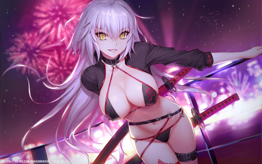 absurdres ahoge bikini black_bikini black_choker black_gloves black_jacket choker cropped_jacket fate/grand_order fate_(series) gloves highres jacket jeanne_d'arc_(alter)_(fate) jeanne_d'arc_(alter_swimsuit_berserker) jeanne_d'arc_(fate)_(all) katana o-ring o-ring_bikini o-ring_bottom o-ring_top red_legwear shadowgrave shrug_(clothing) single_thighhigh swimsuit sword thigh-highs thigh_strap weapon yellow_eyes