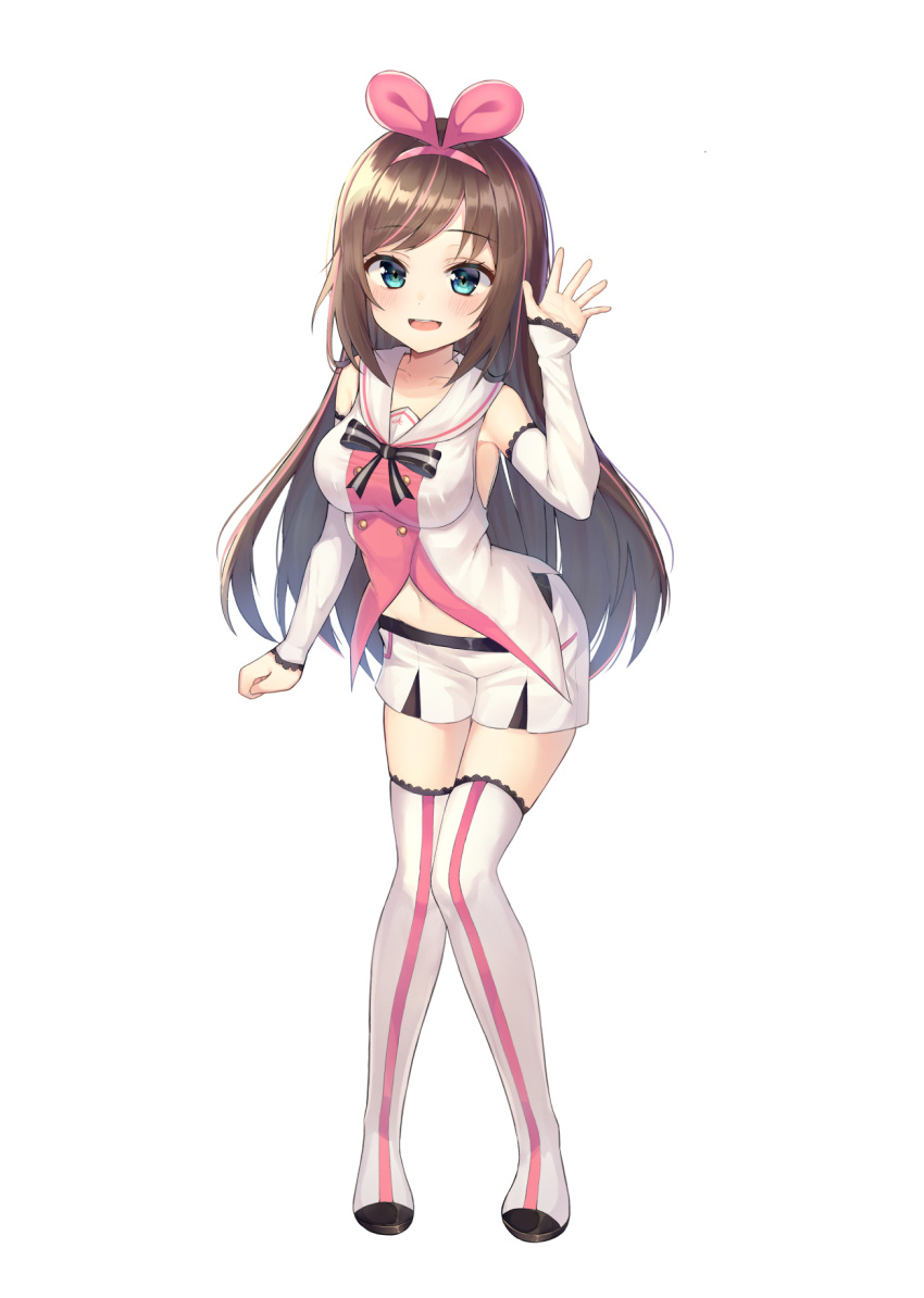 1girl a.i._channel aqua_eyes arm_warmers breasts brown_hair eyebrows_visible_through_hair full_body hairband highres hinaki_(hinaki_0102) kizuna_ai lace lace-trimmed_legwear lace-trimmed_sleeves long_hair looking_at_viewer medium_breasts multicolored_hair navel open_mouth pink_hair pink_hairband sailor_collar salute simple_background smile solo standing streaked_hair thigh-highs virtual_youtuber white_background white_sailor_collar zettai_ryouiki