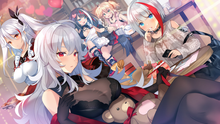 5girls admiral_graf_spee_(azur_lane) admiral_hipper_(azur_lane) ahoge antenna_hair apron aran_sweater azur_lane bangs black_gloves black_hair black_swimsuit blonde_hair blue_eyes blush breasts chocolate chocolate_heart choker cleavage closed_mouth collarbone crossed_bangs desk deutschland_(azur_lane) eyebrows_visible_through_hair frilled_apron frills gloves graf_zeppelin_(azur_lane) green_eyes hair_between_eyes hair_ornament heart heart_hair_ornament iron_cross kurot large_breasts legs_crossed long_hair looking_at_viewer multicolored_hair multiple_girls open_mouth orange_eyes prinz_eugen_(azur_lane) red_eyes red_ribbon redhead ribbon silver_hair sitting smile streaked_hair stuffed_animal stuffed_toy sweater swept_bangs swimsuit teddy_bear two_side_up very_long_hair white_apron white_hair