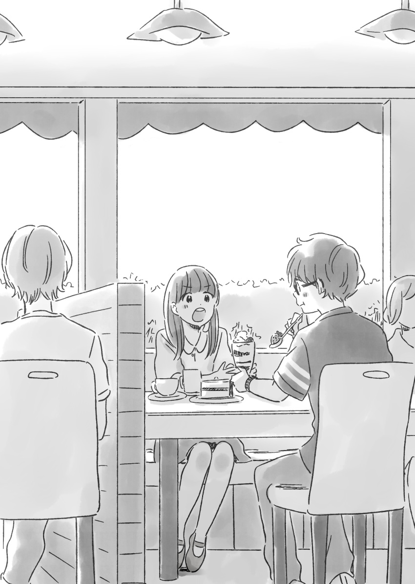 2boys 2girls :o :t absurdres ai_x_suugaku_x_tanka awning backlighting bangs blunt_bangs bush cafe cake chair character_request cup dessert drink eating eye_contact eyebrows_visible_through_hair food from_behind fruit glasses greyscale hand_up highres holding holding_spoon indoors itunohika long_hair looking_at_another mary_janes monochrome mug multiple_boys multiple_girls open_mouth pants parfait profile round_teeth saucer shadow shoes short_sleeves sitting skirt slice_of_cake spoon strawberry table tareme teacup teeth v-shaped_eyebrows watch watch