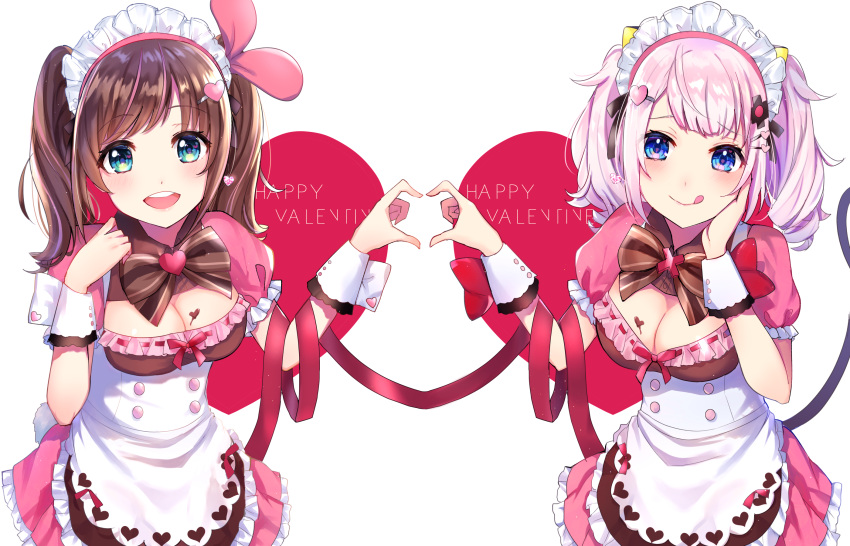 2girls :d :q a.i._channel alternate_costume apron bangs blue_eyes bow breasts brown_bow brown_hair chocolate_on_breasts cleavage closed_mouth commentary_request dress enmaided eyebrows_visible_through_hair frilled_apron frilled_dress frills green_eyes hair_ornament hair_ribbon hairclip hand_on_own_cheek happy_valentine heart heart_hair_ornament heart_hands heart_hands_duo highres kaguya_luna kaguya_luna_(character) kizuna_ai maid maid_headdress medium_breasts multicolored_hair multiple_girls omelet_tomato open_mouth pink_dress pink_hair pink_ribbon pleated_dress puffy_short_sleeves puffy_sleeves red_bow red_ribbon ribbon round_teeth short_sleeves smile streaked_hair striped striped_bow teeth tongue tongue_out twintails upper_teeth valentine virtual_youtuber waist_apron white_apron white_background wrist_cuffs