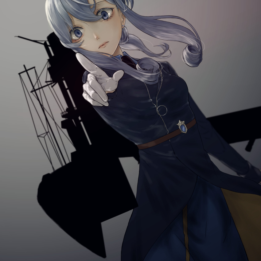 1girl belt black_neckwear blue_eyes blue_hair blue_jacket blue_sailor_collar blue_shirt blue_skirt blurry breasts closed_mouth collared_shirt commentary cowboy_shot depth_of_field earrings eyebrows_visible_through_hair gloves gotland_(kantai_collection) hair_between_eyes hair_bun half_gloves highres jacket jewelry kantai_collection long_hair long_sleeves looking_at_viewer machinery mast military military_uniform mole mole_under_eye neckerchief necktie pointing railing rigging sailor_collar shirt sidelocks silhouette skirt smokestack solo staring uniform white_gloves zabuton_dorobou