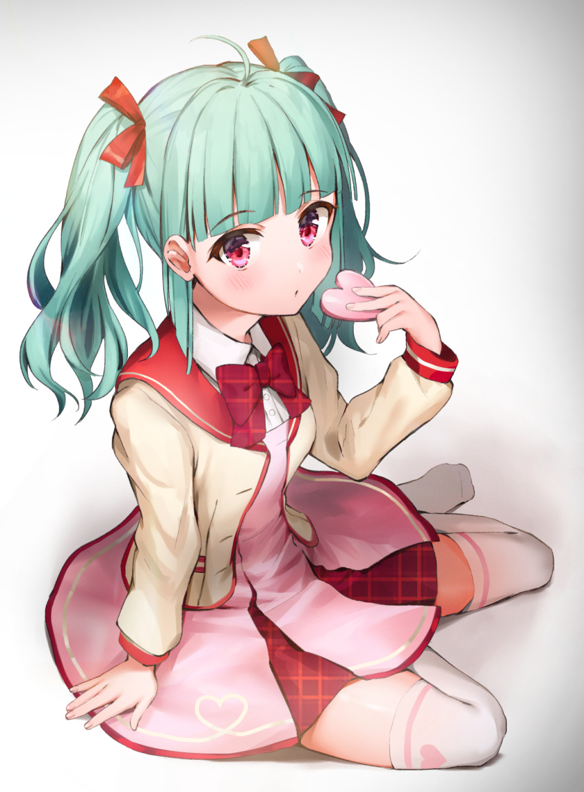 1girl ahoge arm_support battle_girl_high_school blush bow bowtie buttons closed_mouth collared_shirt commentary_request gradient gradient_background green_hair hair_ribbon hand_up heart highres holding jacket kiyosato0928 long_hair long_sleeves looking_at_viewer no_shoes open_clothes open_jacket pink_skirt plaid_neckwear red_eyes red_neckwear red_ribbon ribbon sadone school_uniform shirt sitting skirt solo thigh-highs twintails white_background white_jacket white_legwear white_shirt wing_collar yokozuwari zettai_ryouiki