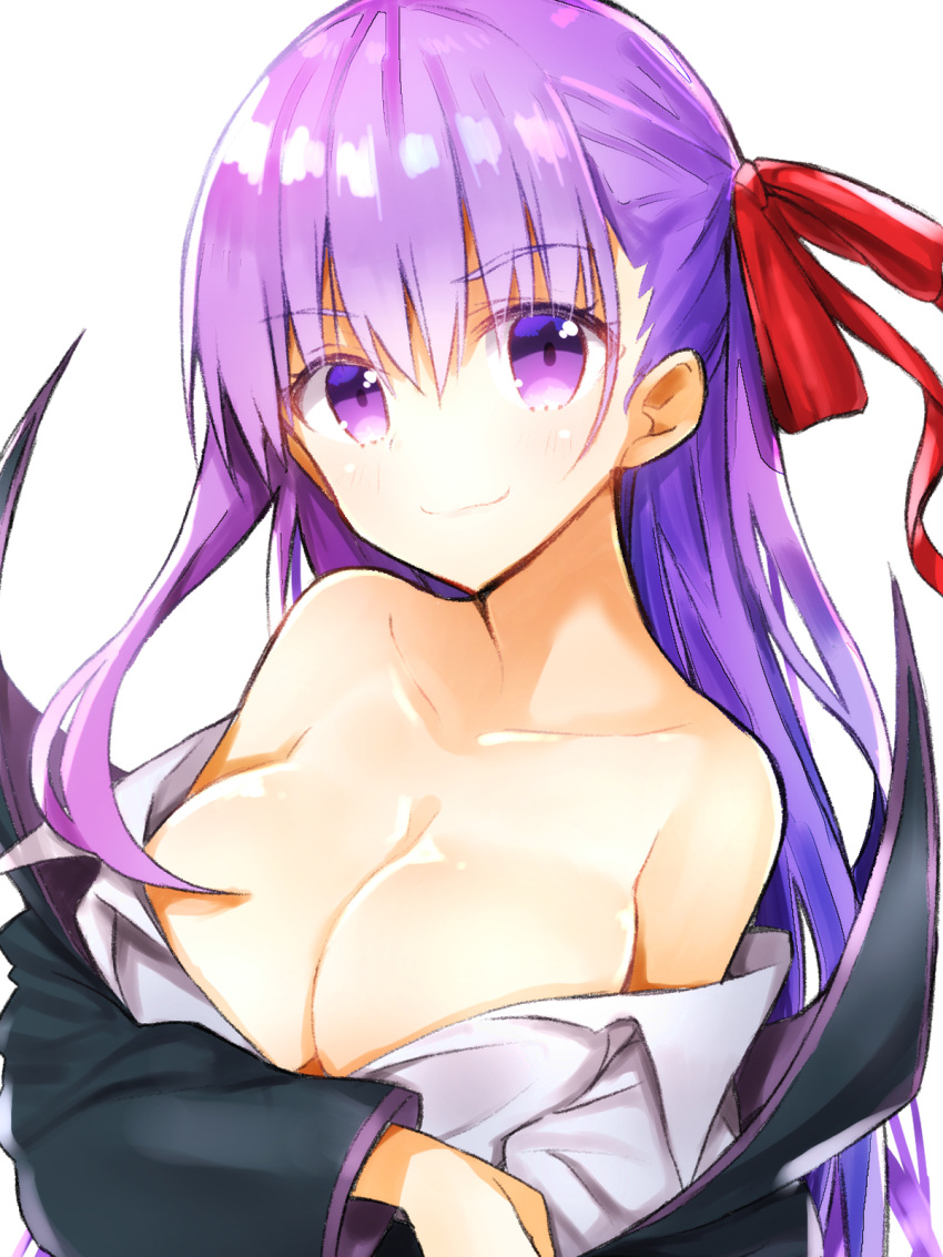 1girl bangs bare_shoulders bb_(fate)_(all) bb_(fate/extra_ccc) black_coat blush breasts cleavage collarbone collared_shirt dress_shirt fate/extra fate/extra_ccc fate_(series) hair_between_eyes hair_ribbon high_collar highres large_breasts long_hair long_sleeves looking_at_viewer nanakusa_amane off_shoulder purple_hair red_ribbon ribbon shirt simple_background solo violet_eyes white_background white_shirt
