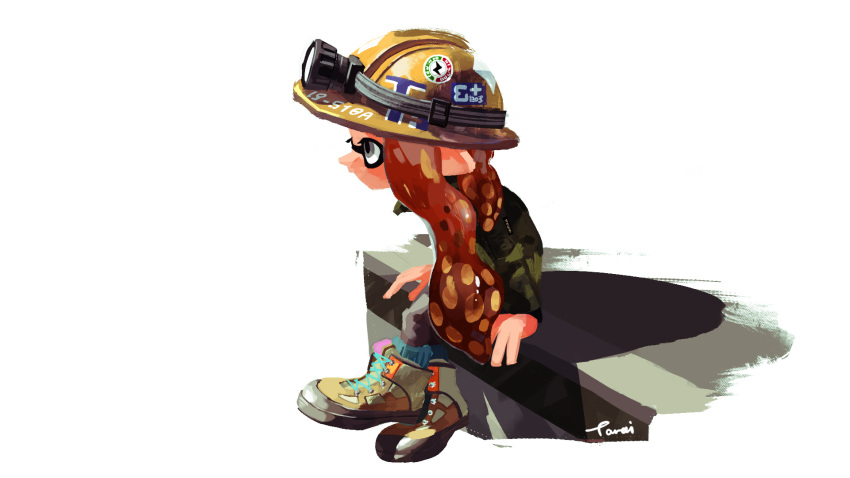 1girl aqua_legwear brown_footwear domino_mask full_body grey_eyes hardhat hat helmet highres inkling long_hair long_sleeves mask orange_hair pants pointy_ears searchlight shoes signature simple_background sitting socks solo splatoon splatoon_(series) splatoon_2 tarai_(silica5) tentacle_hair white_background yellow_hat