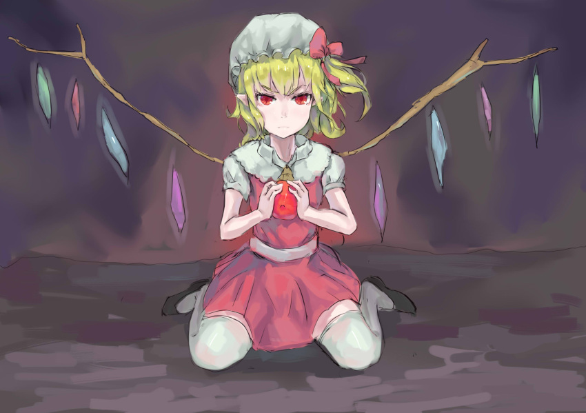 1girl black_footwear blonde_hair bow commentary_request dress full_body hair_bow hat highres looking_at_viewer mob_cap pointy_ears red_bow red_dress red_eyes remilia_scarlet short_sleeves shrimp_cc solo thigh-highs touhou white_legwear yellow_neckwear