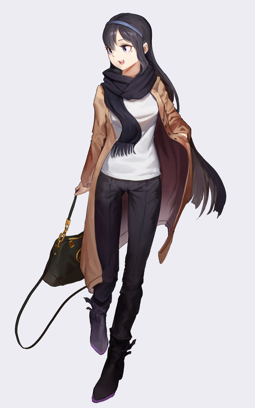 1girl :d absurdres alternate_costume ass_visible_through_thighs bag black_footwear black_hair black_pants black_scarf boots breasts brown_coat casual coat commentary commission fringe_trim full_body girls_frontline grey_background hairband hand_in_pocket handbag highres holding holding_bag junexp long_coat long_hair long_sleeves looking_away looking_to_the_side medium_breasts mole mole_under_eye open_clothes open_coat open_mouth pants scarf shirt sidelocks simple_background sleeves_past_wrists smile solo standing super_sass_(girls_frontline) very_long_hair violet_eyes white_shirt