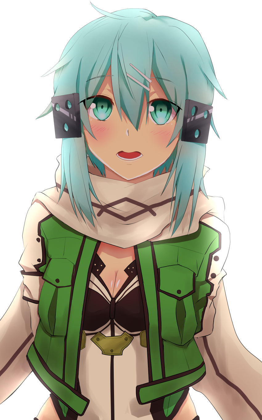 1girl absurdres blue_hair blush breasts celeryma cleavage green_eyes green_jacket hair_between_eyes hair_ornament hairclip highres jacket long_sleeves looking_at_viewer medium_breasts open_clothes open_jacket open_mouth scarf short_hair_with_long_locks sidelocks simple_background sinon solo sword_art_online upper_body white_background white_scarf white_sleeves