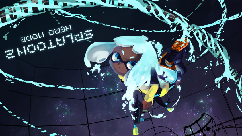 1girl black_footwear blue_eyes blue_hair closed_mouth copyright_name dark_skin dual_wielding headgear hero_dualies_(splatoon) highres holding ink_tank_(splatoon) inkling light_blue_hair long_sleeves short_hair smile solo splatoon splatoon_(series) splatoon_2 squidbeak_splatoon star_(sky) suction_cups tarai_(silica5) tentacle_hair