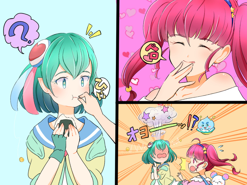 2girls :p ? ahoge antennae blue_eyes blue_hair blush closed_eyes eating fingerless_gloves food food_on_face fuwa_(precure) gloves hagoromo_lala hair_ornament heart heart_background highres holding holding_food hoshina_hikaru long_hair multiple_girls onigiri open_mouth pink_background pink_eyes pink_hair pointy_ears precure prunce_(precure) rice rice_on_face short_hair single_glove speech_bubble spoken_question_mark star star_twinkle_precure surprised tongue tongue_out twintails uokichi_(rururu0906) yuri