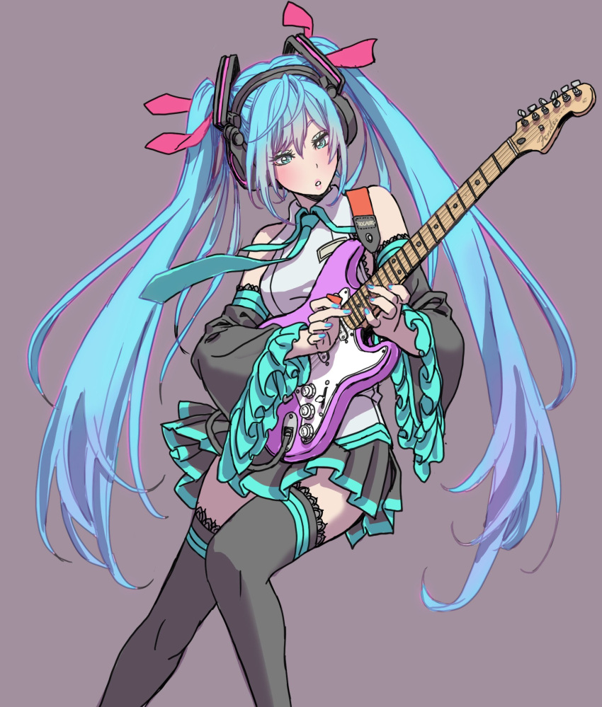 1girl aqua_eyes aqua_hair bangs bare_shoulders black_legwear blue_nails bow breasts commentary_request detached_sleeves electric_guitar fingernails frills grey_background guitar hair_bow hair_ornament hatsune_miku headphones highres holding instrument long_hair medium_breasts nail_polish necktie parted_lips pleated_skirt plectrum simple_background skirt solo thigh-highs twintails vocaloid wide_sleeves yamashita_shun'ya zettai_ryouiki