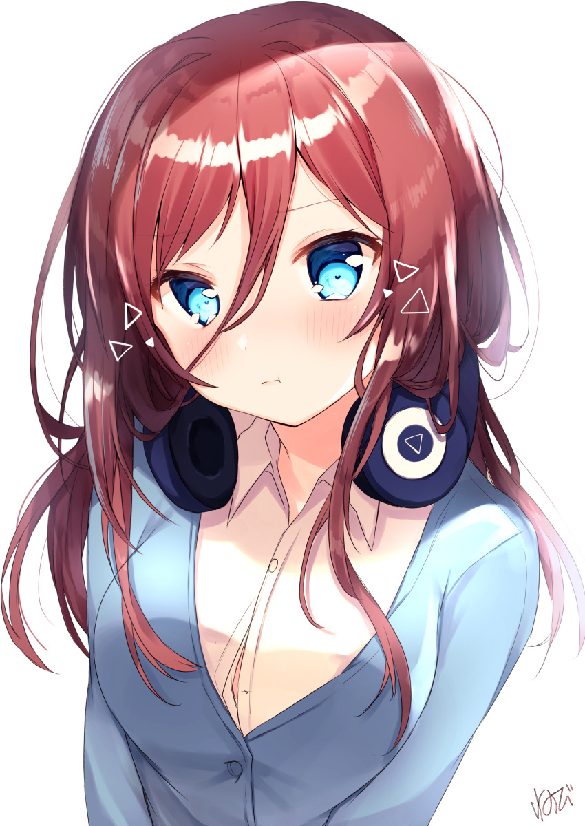 1girl :t absurdres blue_cardigan blue_eyes blush breasts brown_hair closed_mouth go-toubun_no_hanayome hair_between_eyes headphones headphones_around_neck heart heart-shaped_pupils highres large_breasts long_hair long_sleeves looking_at_viewer nakano_miku nenobi_(nenorium) shirt signature simple_background solo symbol-shaped_pupils upper_body white_background white_shirt