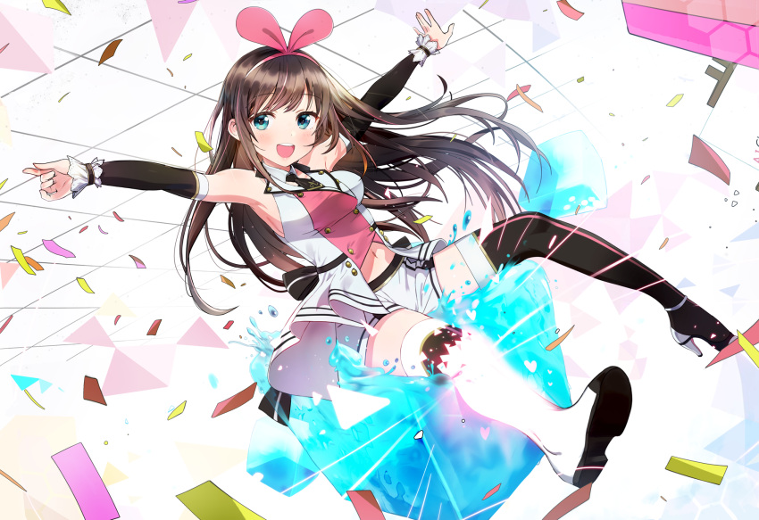 :d a.i._channel armpits arms_up bare_shoulders blue_eyes blush boots breasts brown_hair confetti detached_sleeves glowing hair_ribbon high_heel_boots high_heels highres kizuna_ai long_hair looking_at_viewer medium_breasts multicolored_hair navel open_mouth outstretched_arms pink_hair pink_ribbon ribbon seicoh shorts smile streaked_hair thigh-highs thigh_boots two-tone_hair very_long_hair white_shorts