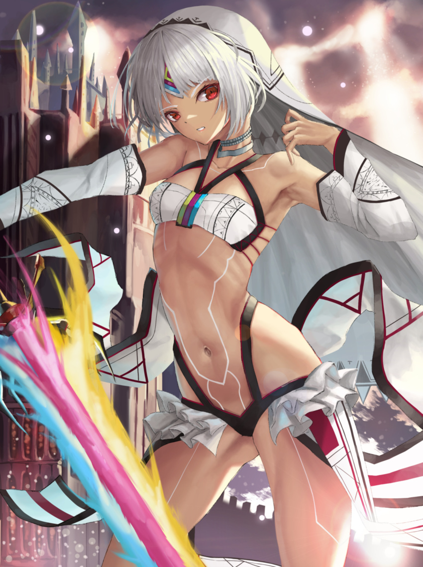 1girl absurdres altera_(fate) armpits bangs bare_shoulders breasts choker dark_skin detached_sleeves fate/grand_order fate_(series) full_body_tattoo headdress highres holding holding_sword holding_weapon legs looking_at_viewer midriff navel nekobell outdoors photon_ray red_eyes revealing_clothes short_hair small_breasts solo standing sword tan tattoo thighs veil weapon white_hair