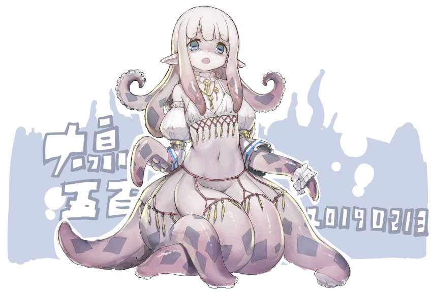 1girl bikini_top blue_eyes blush bottomless daquan_wubai full_body grey_hair highres long_hair monster_girl navel open_mouth original pointy_ears scylla solo suction_cups tears tentacle tentacle_hair