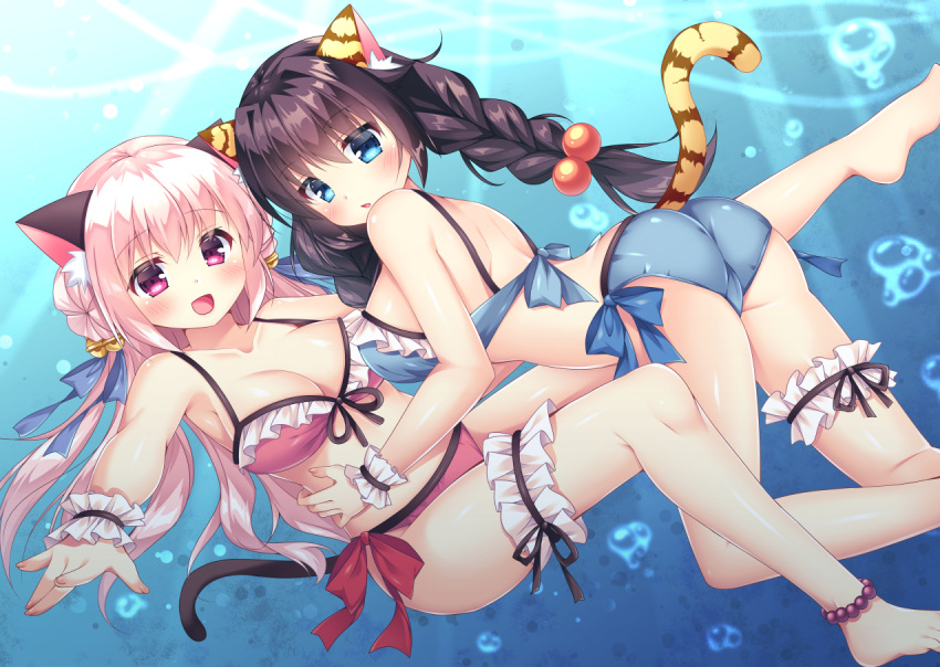 2girls :d air_bubble animal_ear_fluff animal_ears arched_back ass bangs bare_shoulders barefoot bikini blue_bikini blue_eyes blush braid breasts brown_hair bubble cat_ears cat_girl cat_tail cleavage collarbone commentary_request dappled_sunlight day double_bun eyebrows_visible_through_hair fingernails fujikura_ryuune hair_between_eyes hair_bobbles hair_ornament long_hair looking_at_viewer low_twintails medium_breasts multiple_girls nail_polish open_mouth original outdoors outstretched_arm pink_bikini pink_nails side-tie_bikini side_bun smile sunlight swimsuit tail tail_raised tiger_ears tiger_girl tiger_tail twin_braids twintails underwater very_long_hair violet_eyes water wrist_cuffs