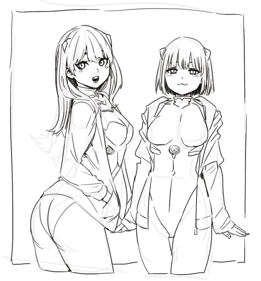 2girls archvermin ayanami_rei ayanami_rei_(cosplay) breasts copyright_request cosplay long_hair looking_at_viewer multiple_girls neon_genesis_evangelion open_mouth plugsuit short_hair simple_background smile souryuu_asuka_langley souryuu_asuka_langley_(cosplay) white_background