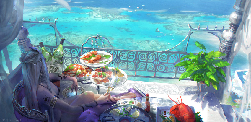 1girl arm_rest arm_tattoo armlet balcony bare_shoulders barefoot bikini bird boat bottle braid coral_reef crown_braid cup curtains day drinking_glass earrings facing_away fingernails food fork hand_tattoo highres holding holding_cup jewelry knee_up long_hair looking_afar maddoze nail_polish ocean original outdoors outstretched_leg plate scenery seagull shoulder_tattoo sidelocks sitting swimsuit tattoo toenail_polish toes very_long_hair water watercraft wine_glass yellow_nails