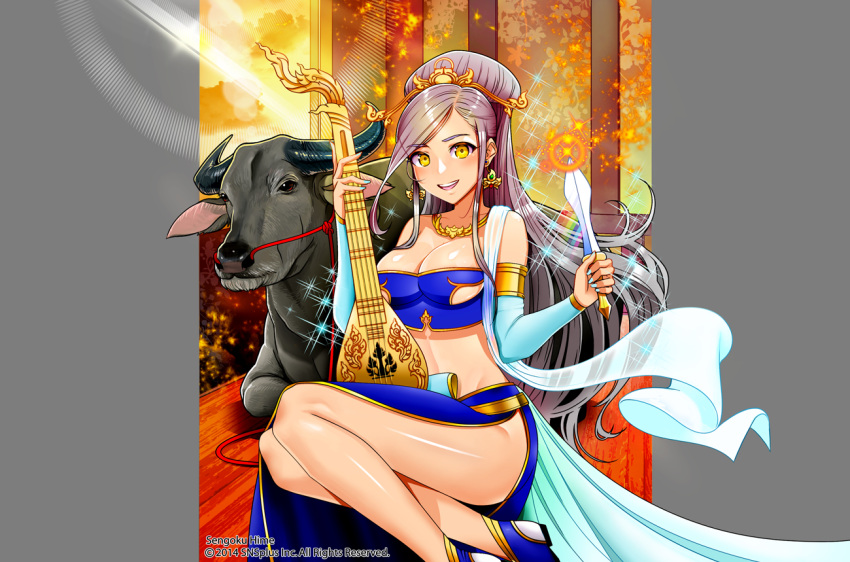 1girl armlet breasts bull cleavage commentary detached_sleeves earrings engrish_commentary eyebrows eyebrows_visible_through_hair grey_hair hair_ornament instrument jewelry large_breasts legs long_hair looking_at_viewer midriff nail_polish necklace open_mouth original princess rangsiwut_sangwatsharakul sengoku_hime side_slit sitting smile solo sparkle under_boob yellow_eyes