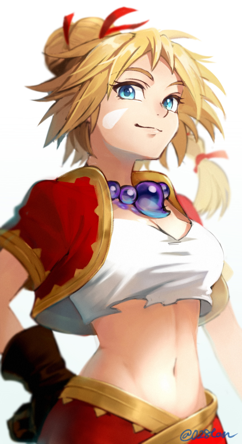 1girl bead_necklace beads blonde_hair blue_eyes blurry breasts brown_gloves chrono_cross cleavage cowboy_shot depth_of_field facepaint gloves hair_ribbon hand_on_hip highres jacket jewelry kid_(chrono_cross) leather leather_gloves looking_at_viewer medium_breasts medium_hair midriff navel necklace otton ponytail ribbon short_sleeves simple_background smile solo spiky_hair strapless tubetop twitter_username white_background