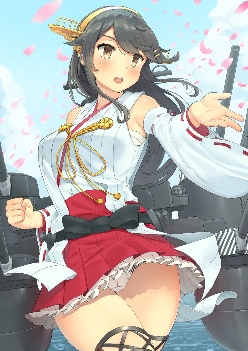 1girl absurdres bare_shoulders black_hair blue_sky boots brown_eyes cherry_blossoms clouds commentary_request cowboy_shot day detached_sleeves hair_ornament hairband hairclip haruna_(kantai_collection) headgear highres kantai_collection long_hair machinery outdoors panties pantyshot pantyshot_(standing) petals pleated_skirt red_skirt remodel_(kantai_collection) ribbon-trimmed_sleeves ribbon_trim skirt sky solo soushou_nin standing striped striped_panties thigh-highs thigh_boots underwear white_panties wide_sleeves