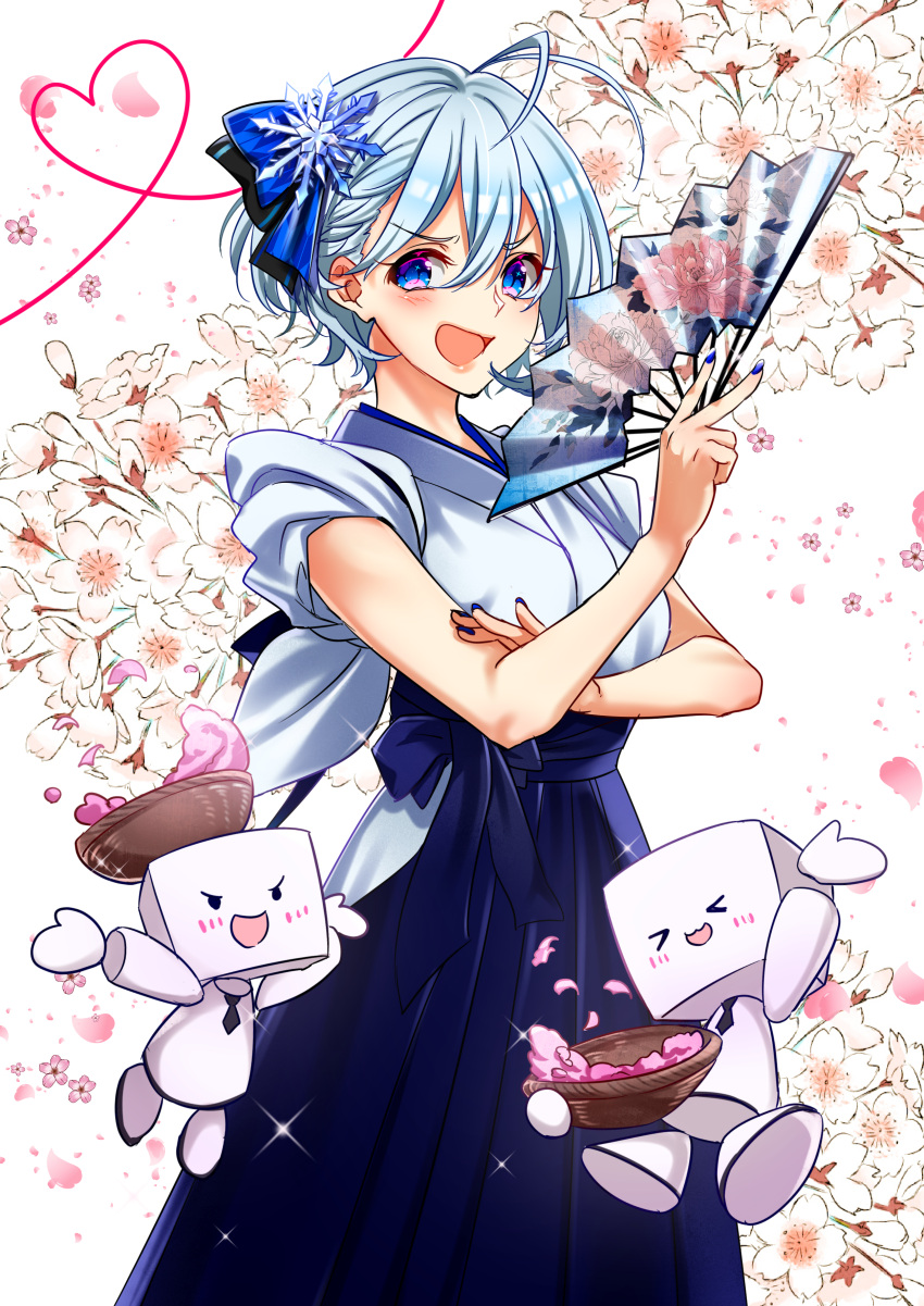 1girl absurdres antenna_hair blue_eyes blue_nails blush cherry_blossoms dennou_shoujo_youtuber_shiro fan folding_fan hair_ornament hakama heart heart_of_string highres holding holding_fan japanese_clothes looking_at_viewer nail_polish open_mouth petals shiro_(dennou_shoujo_youtuber_shiro) shirogumi short_hair silver_hair sleeves_rolled_up smile snowflake_hair_ornament virtual_youtuber yodare_(3yami8)