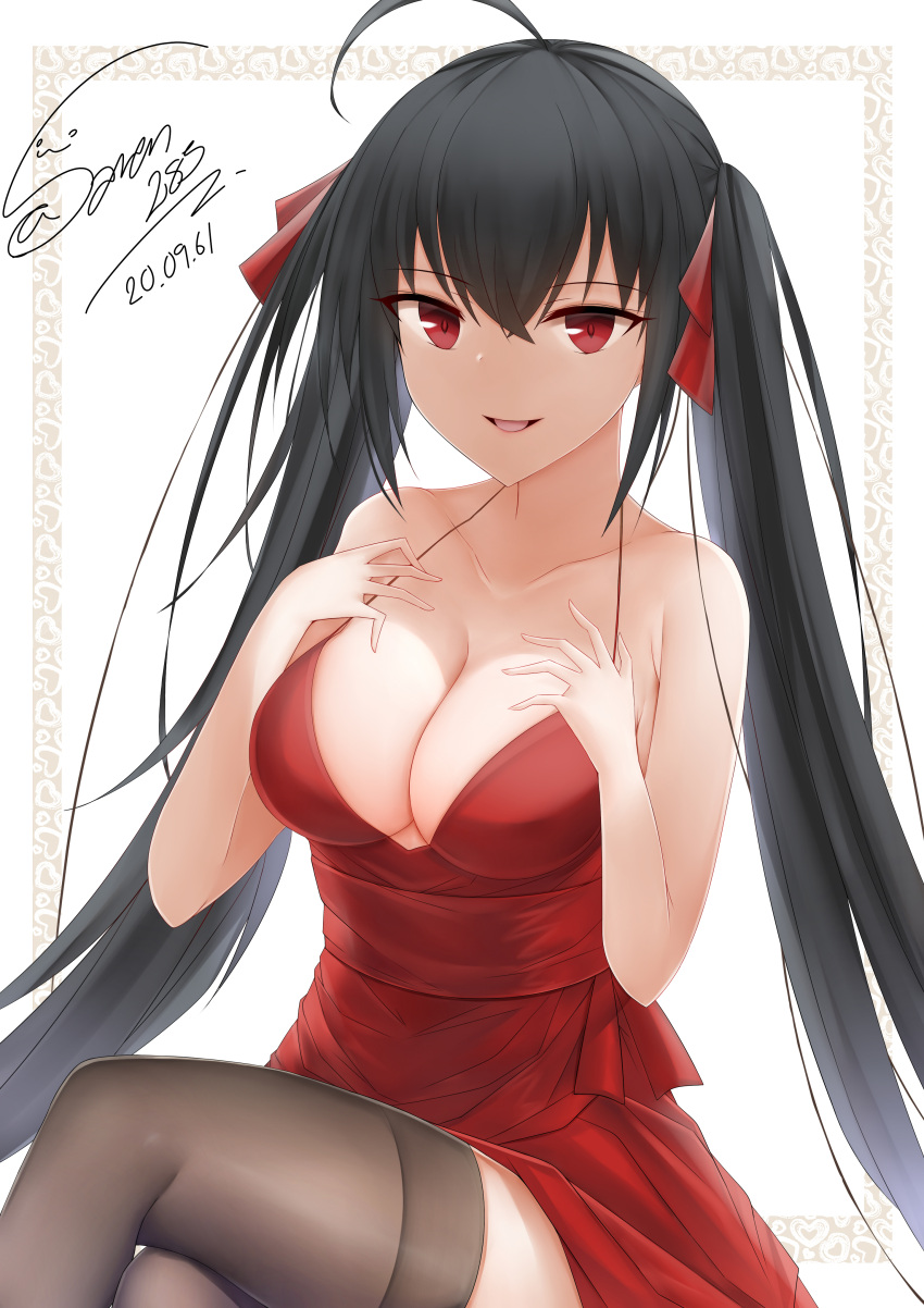1girl absurdres ahoge azur_lane bare_shoulders black_hair breasts cleavage cocktail_dress collarbone dress hair_between_eyes highres large_breasts long_hair looking_at_viewer open_mouth red_dress red_eyes saran285 sitting solo taihou_(azur_lane) taihou_(forbidden_feast)_(azur_lane) twintails very_long_hair