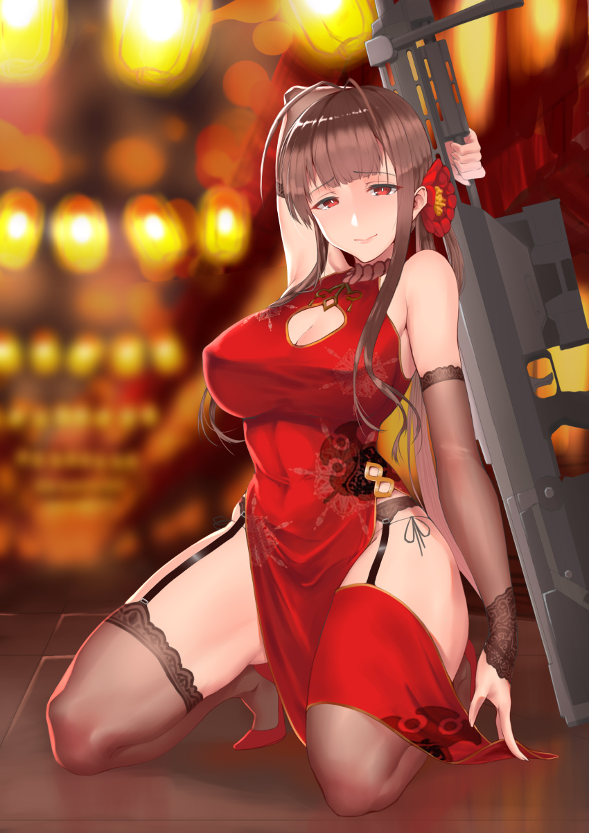 1girl absurdres ahoge alternate_costume arm_up bangs bare_shoulders black_legwear blunt_bangs breasts brown_hair c.rabbit china_dress chinese_clothes cleavage closed_mouth detached_sleeves dress dsr-50_(girls_frontline) dsr-50_(weapon) eyebrows_visible_through_hair garter_straps girls_frontline gun hair_ornament high_heels highres holding holding_gun holding_weapon large_breasts long_hair looking_at_viewer pantyhose red_eyes rifle seiza sitting smile sniper_rifle solo string_panties thighs very_long_hair weapon