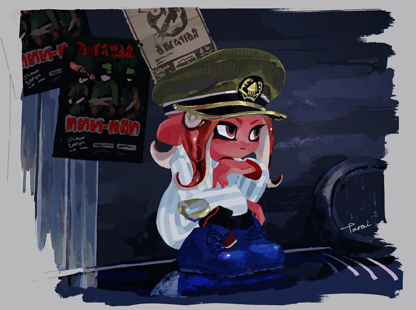 1girl ankle_boots black_pants blue_footwear boots cross-laced_footwear full_body green_hat hat highres lace-up_boots long_hair long_sleeves octarian octoling pants peaked_cap pink_eyes poster redhead salmon_run signature single_horizontal_stripe solo splatoon splatoon_(series) splatoon_2 squatting striped suction_cups tarai_(silica5) tentacle_hair vertical_stripes